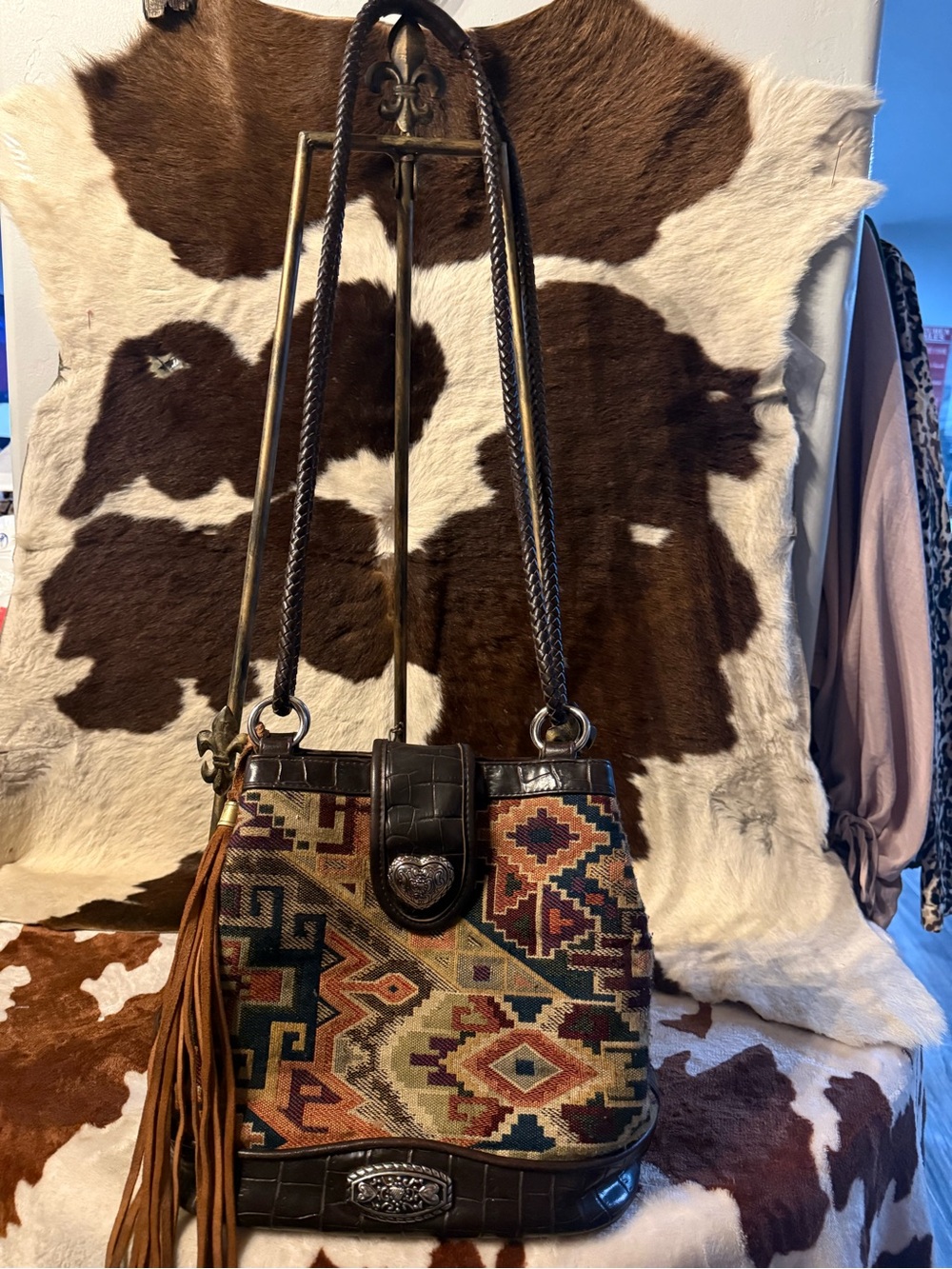 Boho Geometric Shoulder Bag with Brown Leather Trim